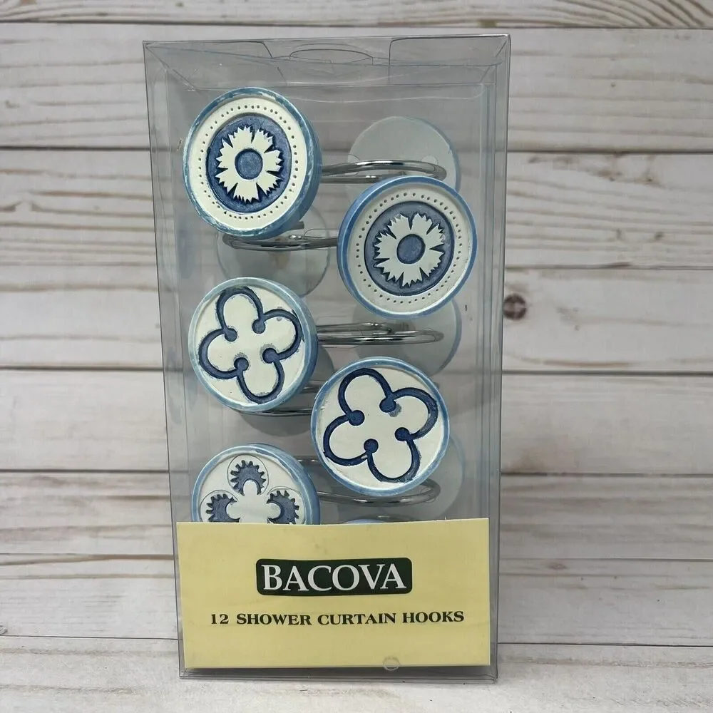 Ceramic Shower Curtain Hooks Set of 12 White Blue Flower Decal NEW